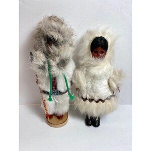 2 Vintage Inuit Eskimo Native American Male Female Dolls Fur